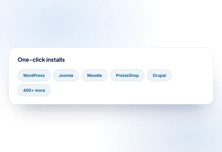 One-click installs for WordPress, Joomla, Moodle and 400 other applications through Softaculous