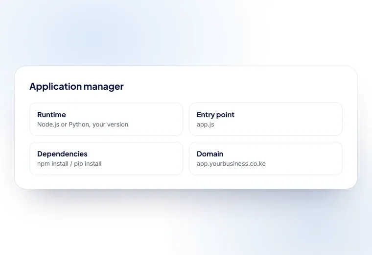 The cPanel application manager configuring a Node.js runtime, entry point and dependencies