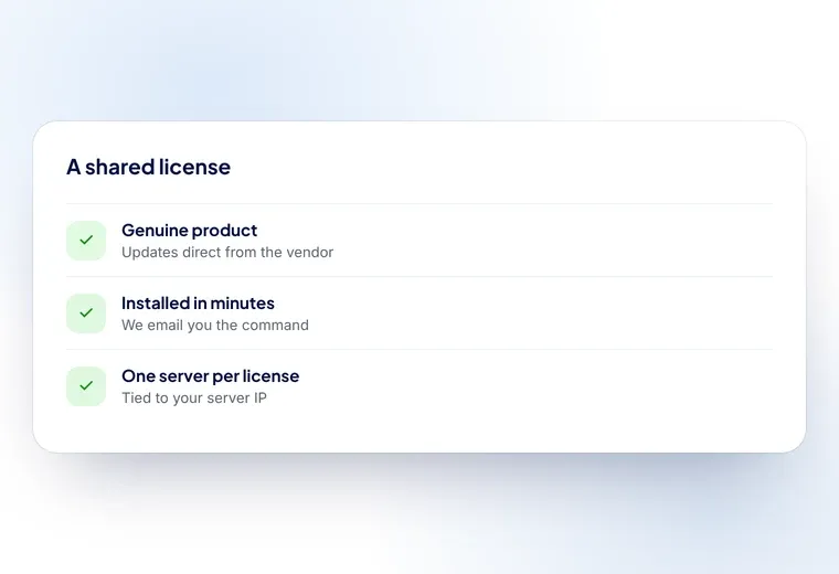 What a shared MSFE license includes: the genuine product, updates direct from the vendor, and installation on one server IP